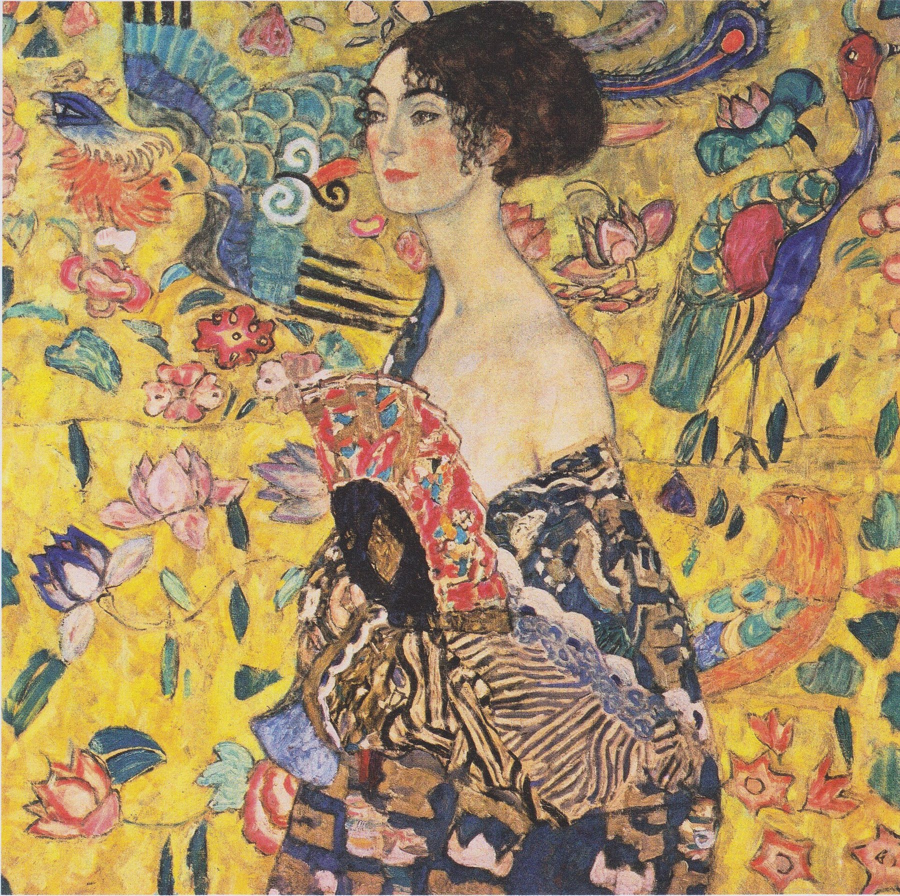 Hand-painted oil reproduction of Lady with Fan, the 1918 Gustav Klimt East Asian patterns behind a bare-shouldered woman — his final masterpiece