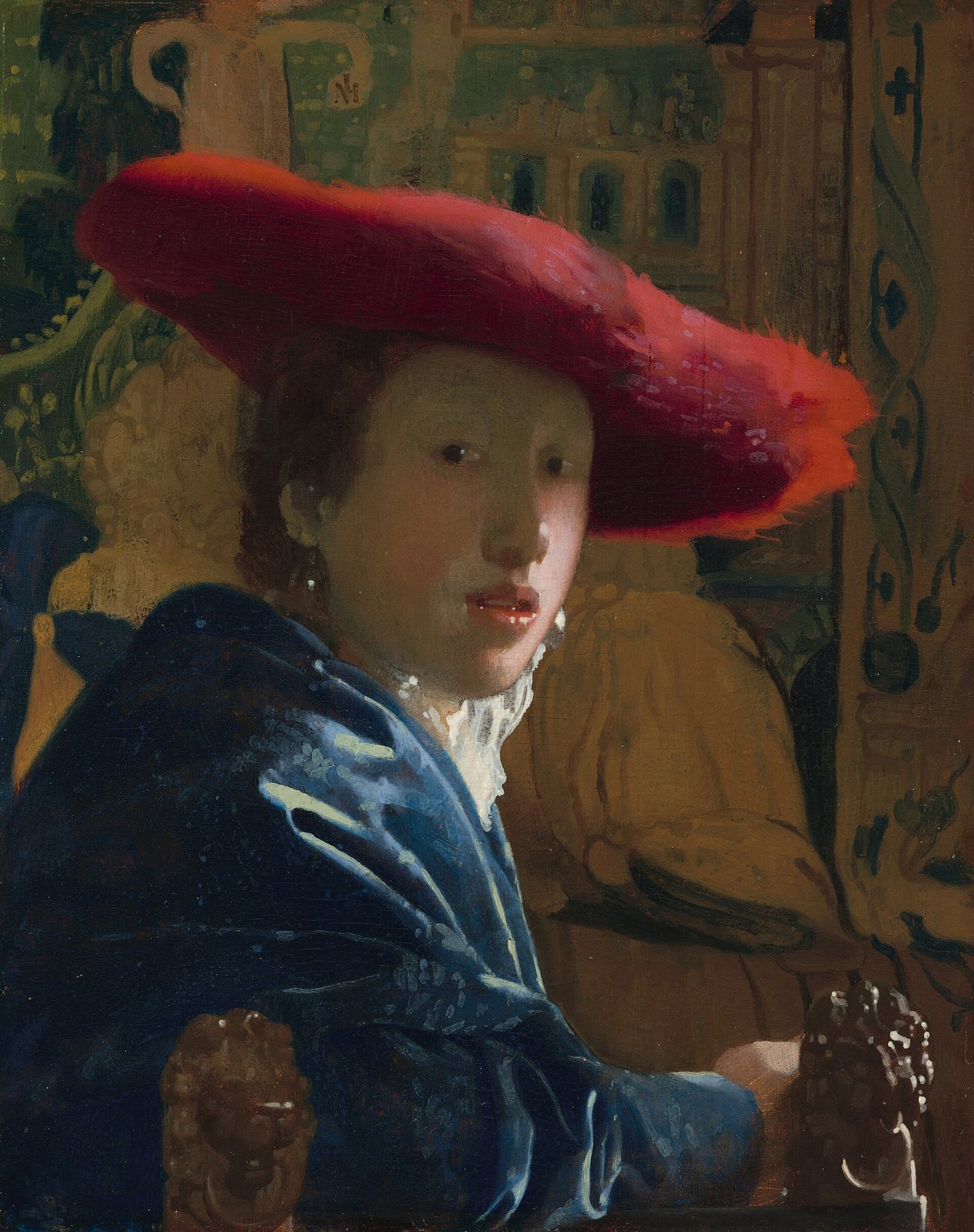 Hand-painted oil reproduction of Girl with a Red Hat, the 1666 Johannes Vermeer tiny tronie of a girl in an exotic hat with lips parted