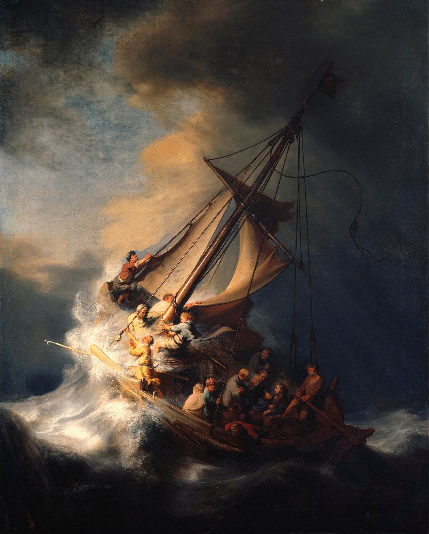 Hand-painted oil reproduction of The Storm on the Sea of Galilee, the 1633 Rembrandt drama of the disciples’ boat swallowed by the waves