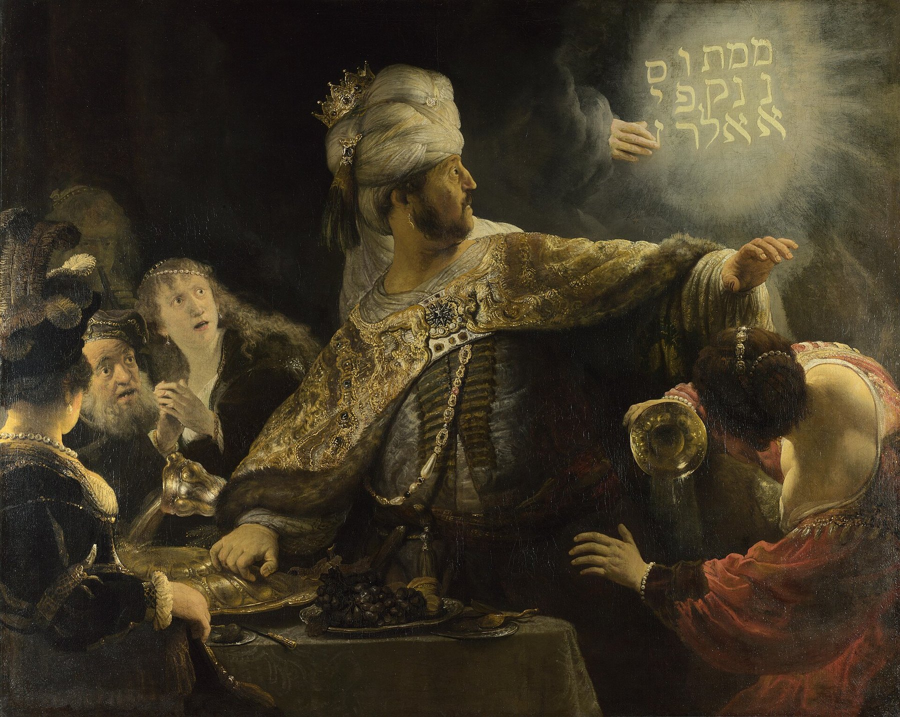 Hand-painted oil reproduction of Belshazzar’s Feast, the 1635 Rembrandt scene of the hand writing on the wall