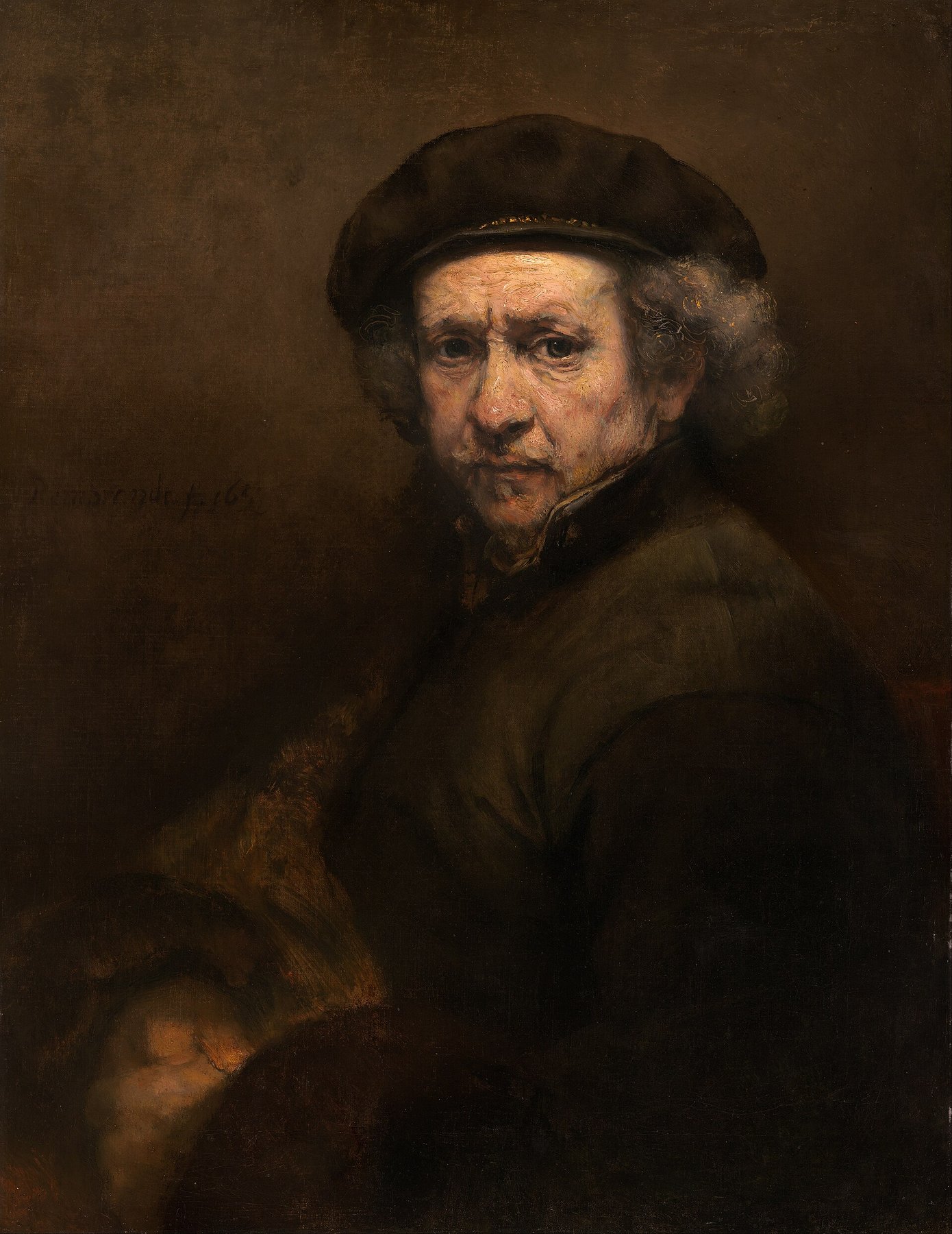 Hand-painted oil reproduction of Rembrandt’s 1659 Self-Portrait, painted after bankruptcy, meeting the viewer with weariness and pride