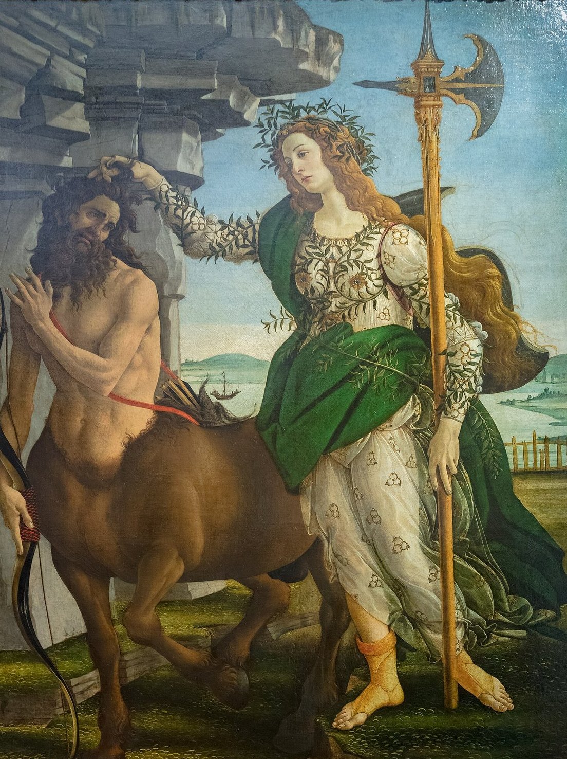Hand-painted oil reproduction of Pallas and the Centaur, the 1482 Sandro Botticelli allegory of wisdom taming wild instinct