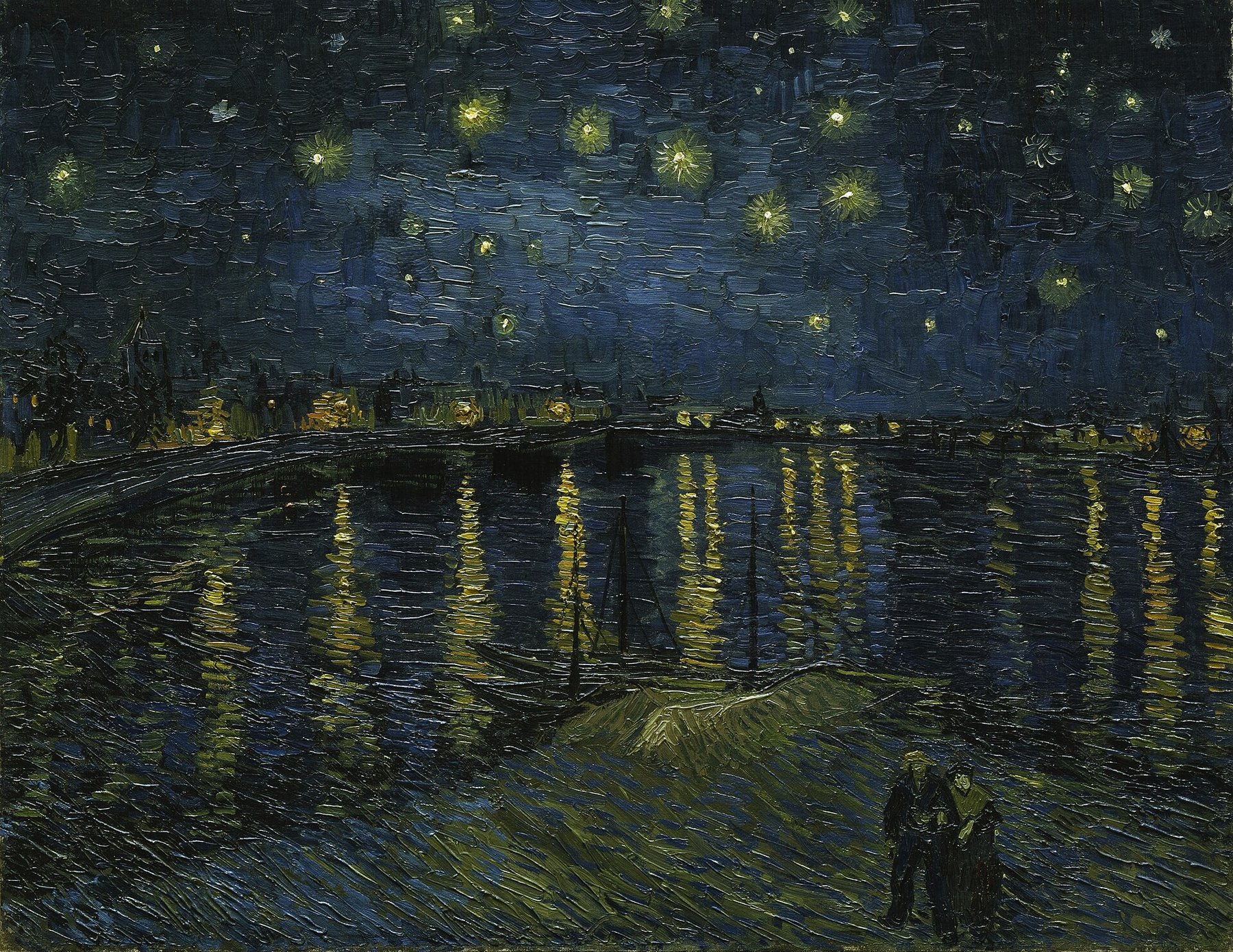 Hand-painted oil reproduction of Starry Night Over the Rhone, Vincent van Gogh 1888 night scene of gas lamps shimmering across the river at Arles