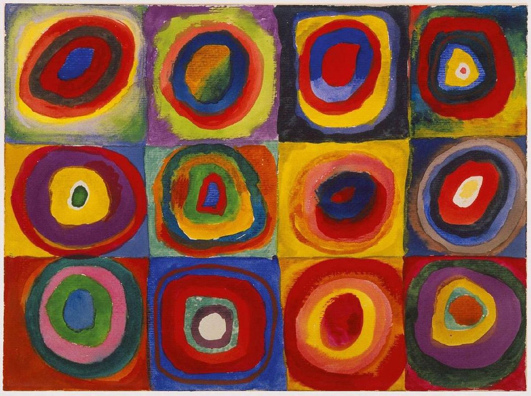Hand-painted oil reproduction of Kandinsky’s 1913 Colour Study, rings of pure glowing colour in twelve squares