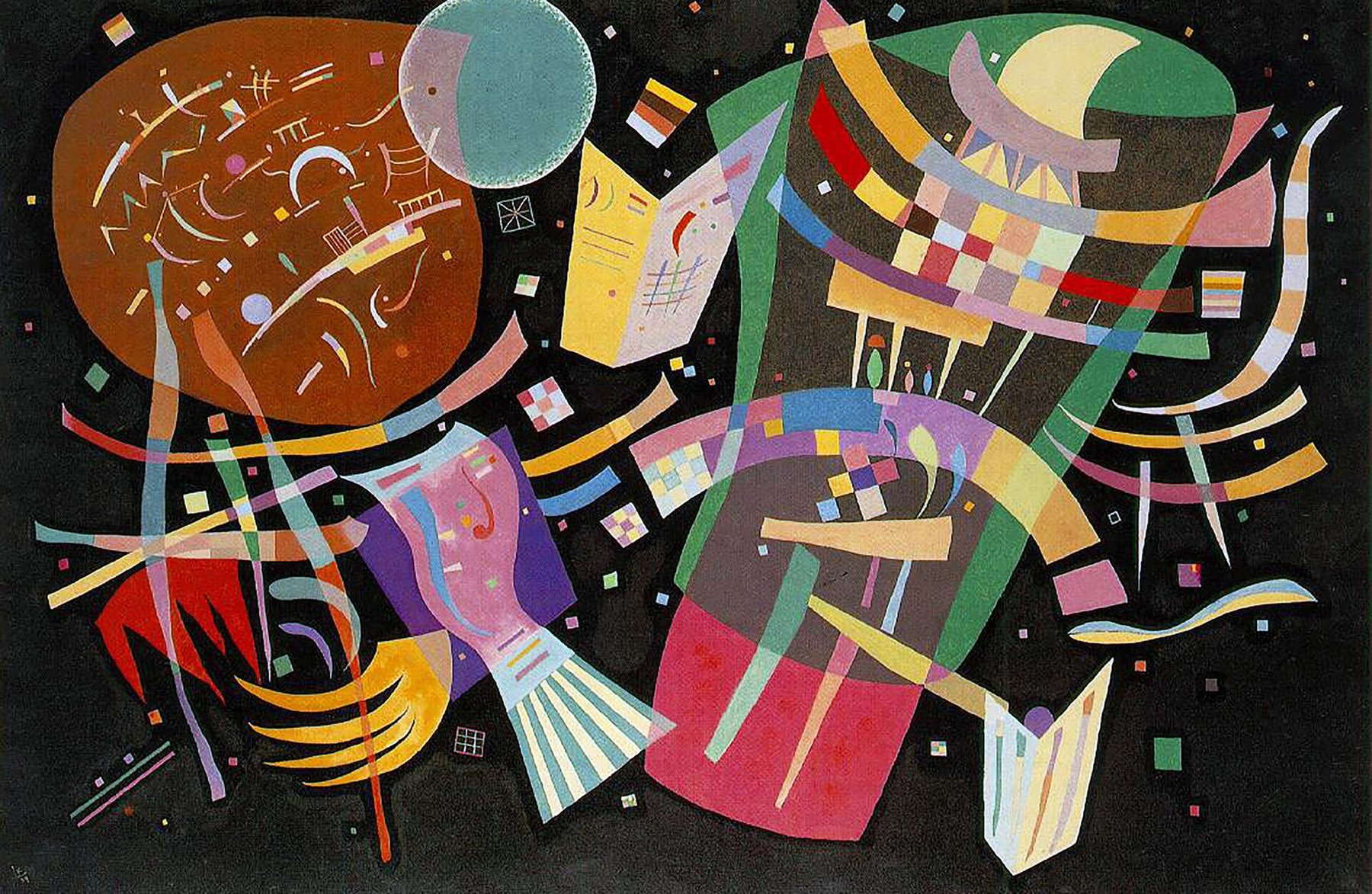 Hand-painted oil reproduction of Composition X, the 1939 Wassily Kandinsky black field of floating shapes and coloured ribbons