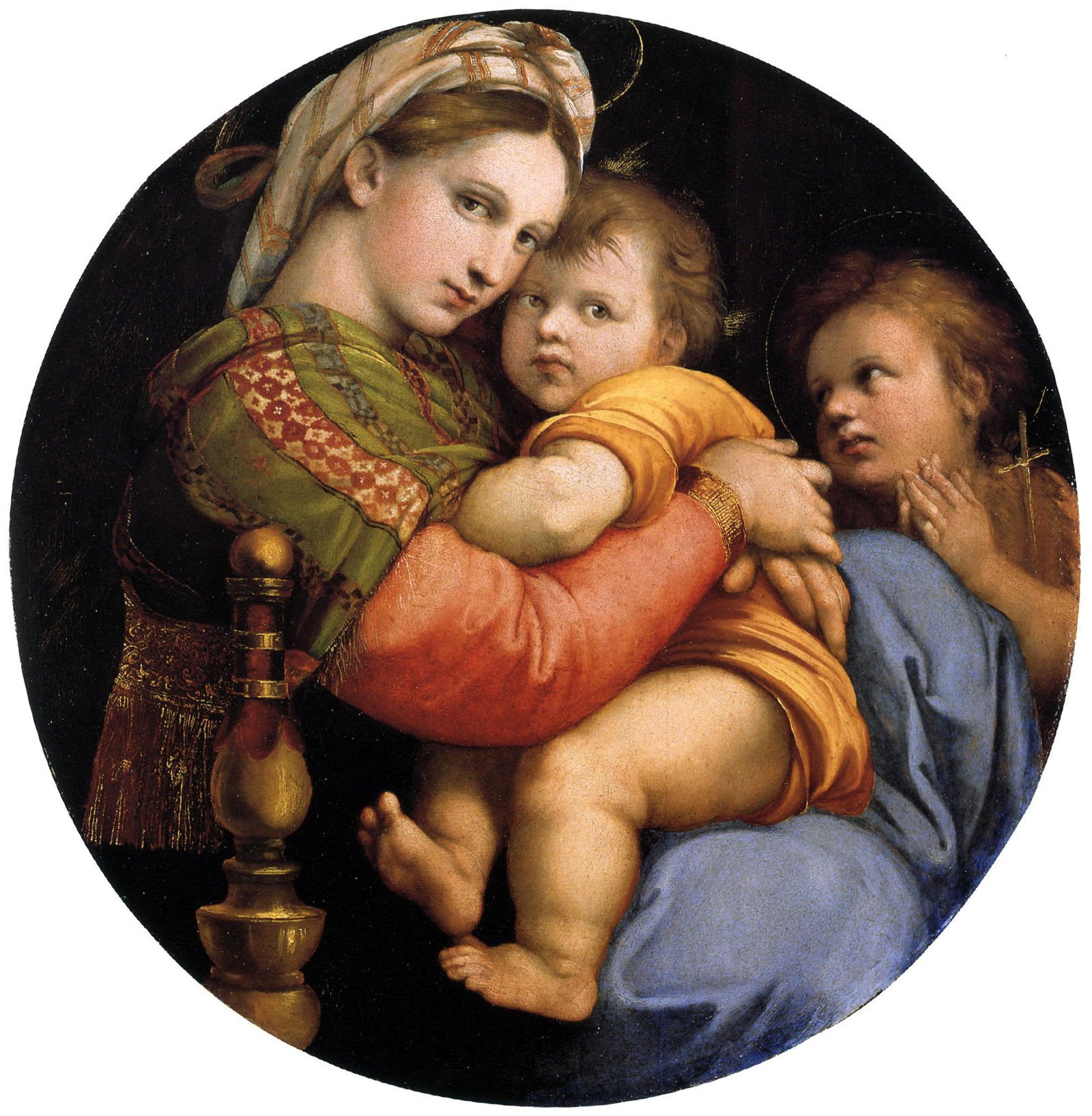 Hand-painted oil reproduction of Madonna della Seggiola, the 1513 Raphael circular Madonna and Child in tender embrace