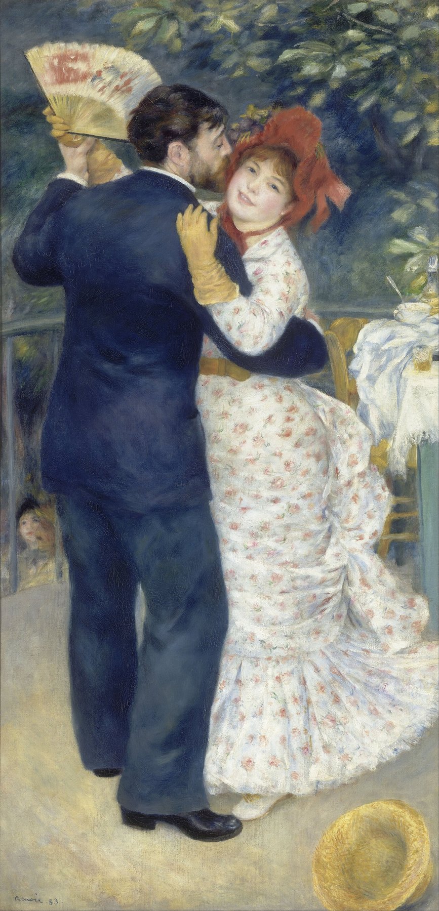 Hand-painted oil reproduction of Dance in the Country, the 1883 Pierre-Auguste Renoir couple dancing under a chestnut tree beside the Seine