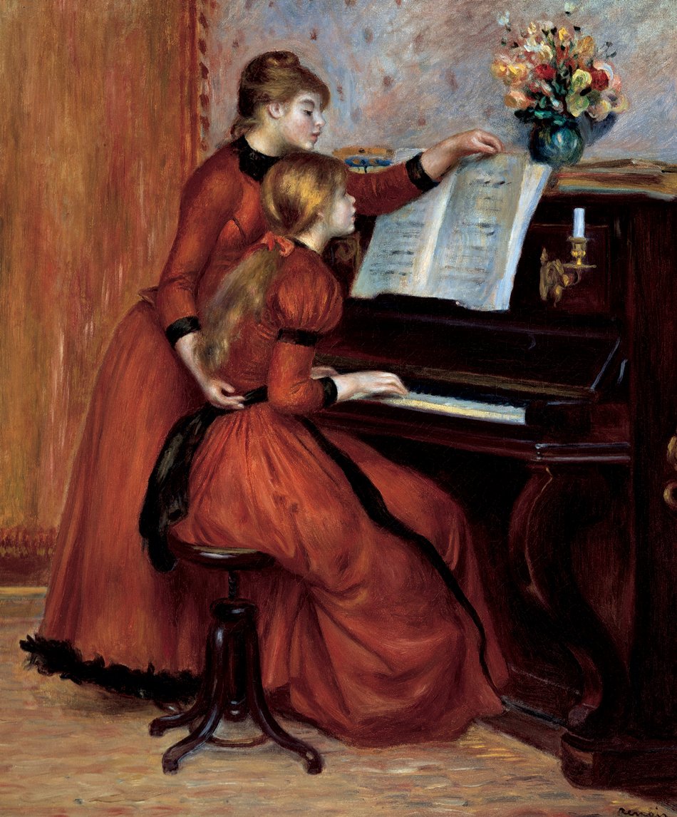 Hand-painted oil reproduction of Young Girls at the Piano, the 1892 Pierre-Auguste Renoir duet in a sunlit drawing room