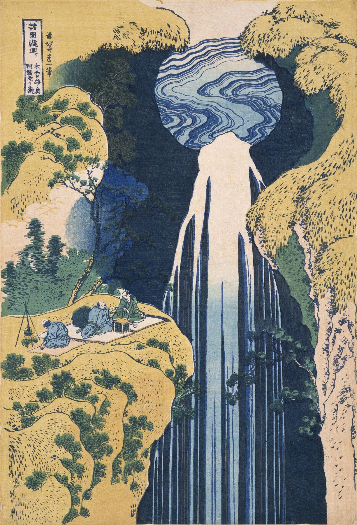 Hand-painted oil reproduction of Amida Waterfall on the Kiso Road, the 1833 Hokusai plume of water named for the Buddha