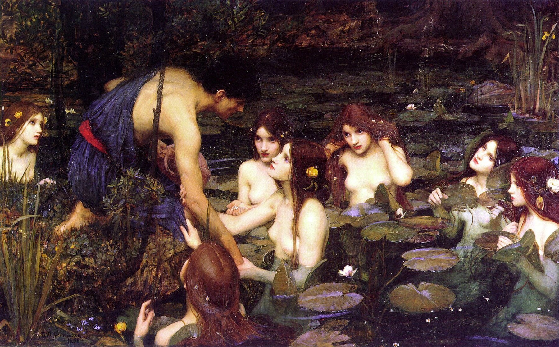 Hand-painted oil reproduction of Hylas and the Nymphs, the 1896 John William Waterhouse water maidens luring the young hero to the pool