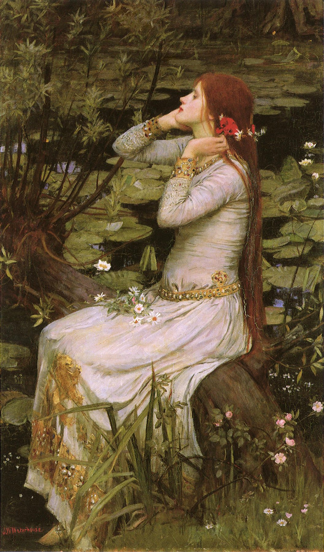 Hand-painted oil reproduction of Waterhouse’s 1894 Ophelia, the Shakespearean heroine lying among flowers at the water’s edge