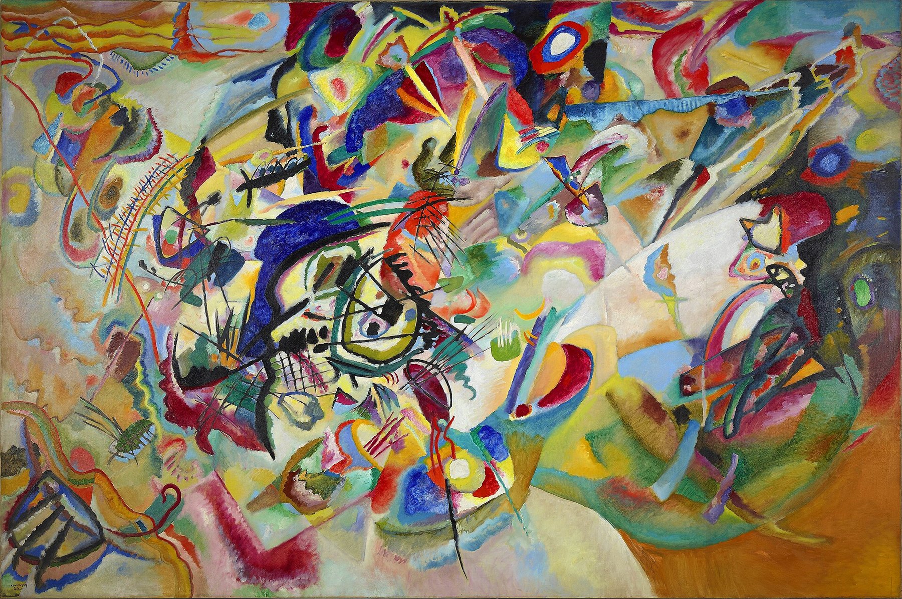Hand-painted oil reproduction of Composition VII, Wassily Kandinsky 1913 swirling abstract storm of color, lines and apocalyptic forms