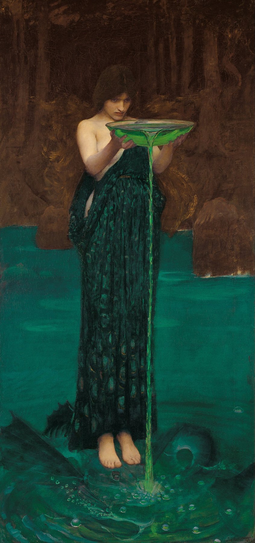 Hand-painted oil reproduction of Circe Invidiosa, the 1892 John William Waterhouse sorceress pouring poison into the sea in jewelled teal