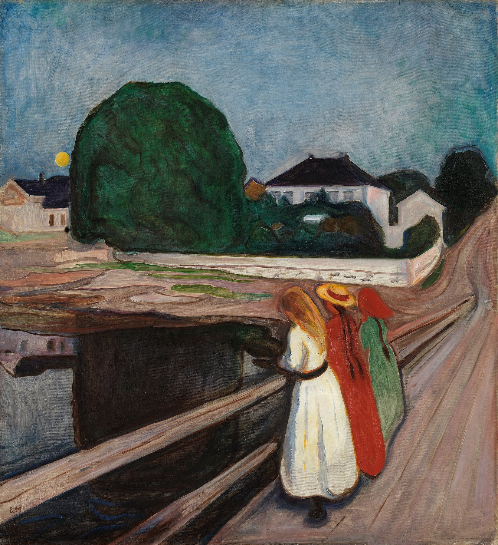 Hand-painted oil reproduction of Girls on the Bridge, the 1901 Edvard Munch summer night with three girls leaning over the Åsgårdstrand jetty