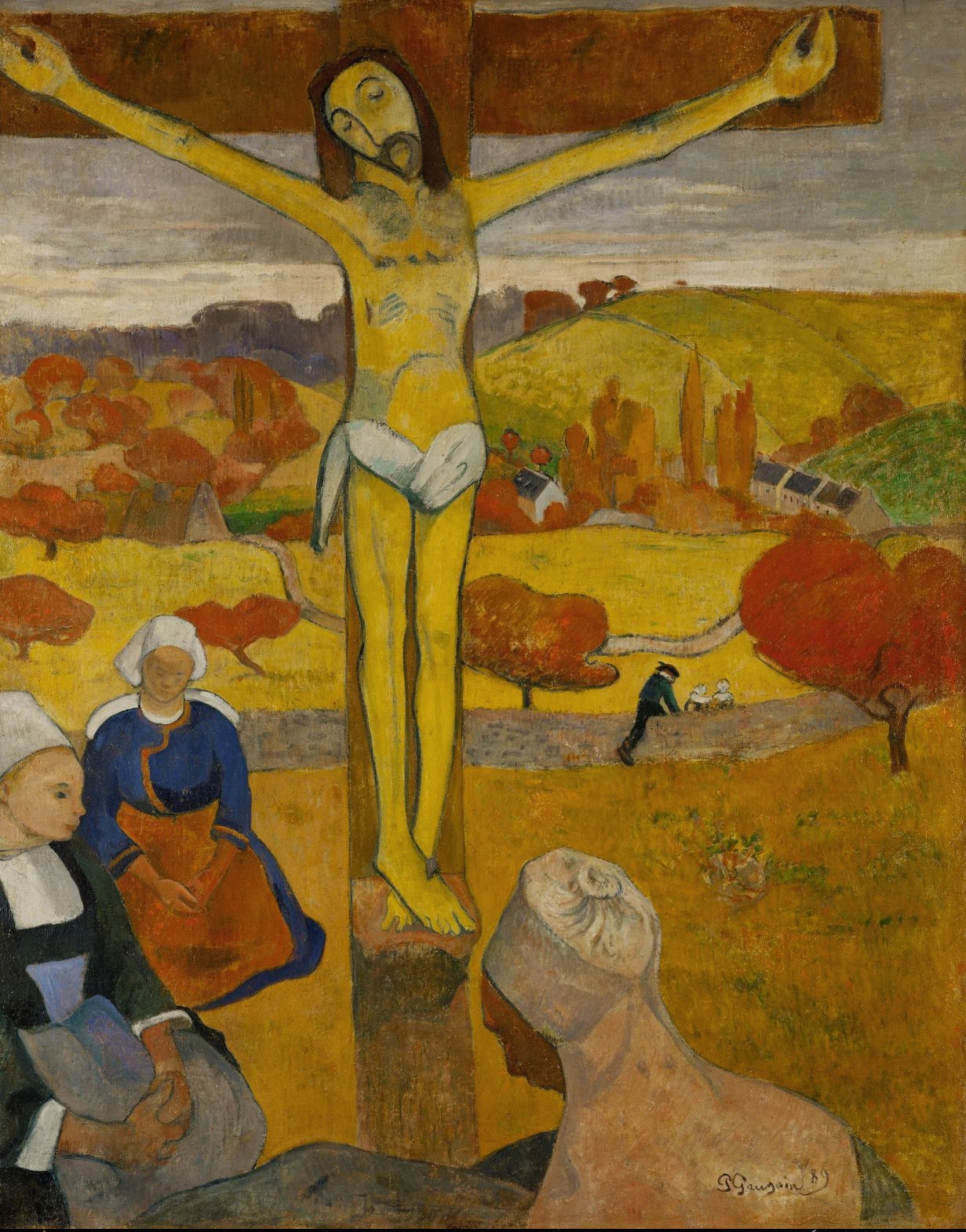 Hand-painted oil reproduction of The Yellow Christ, the 1889 Paul Gauguin Breton crucifixion in chrome yellow and autumn trees