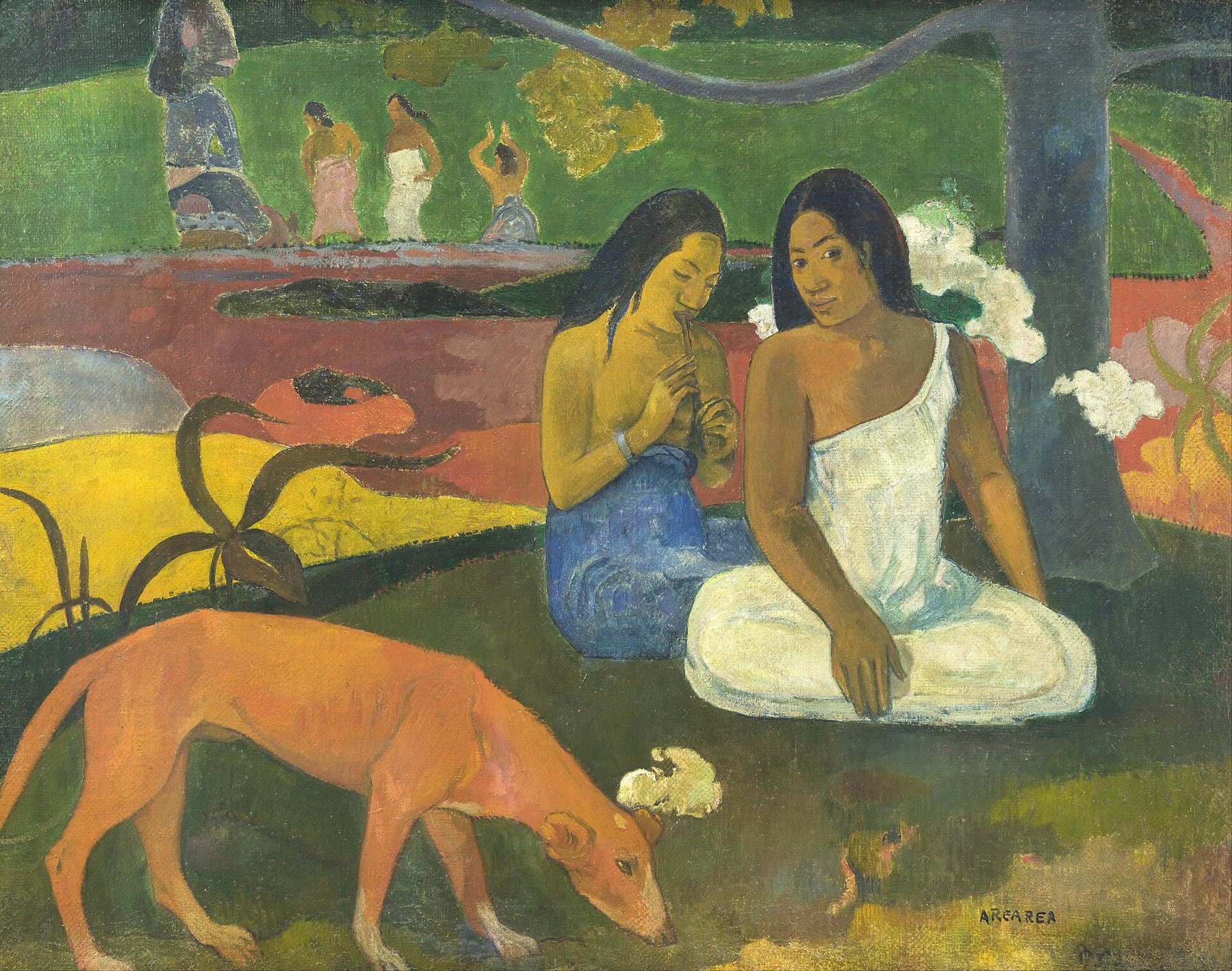 Hand-painted oil reproduction of Arearea, the 1892 Paul Gauguin Tahitian idyll of a red dog and figures before a carved idol