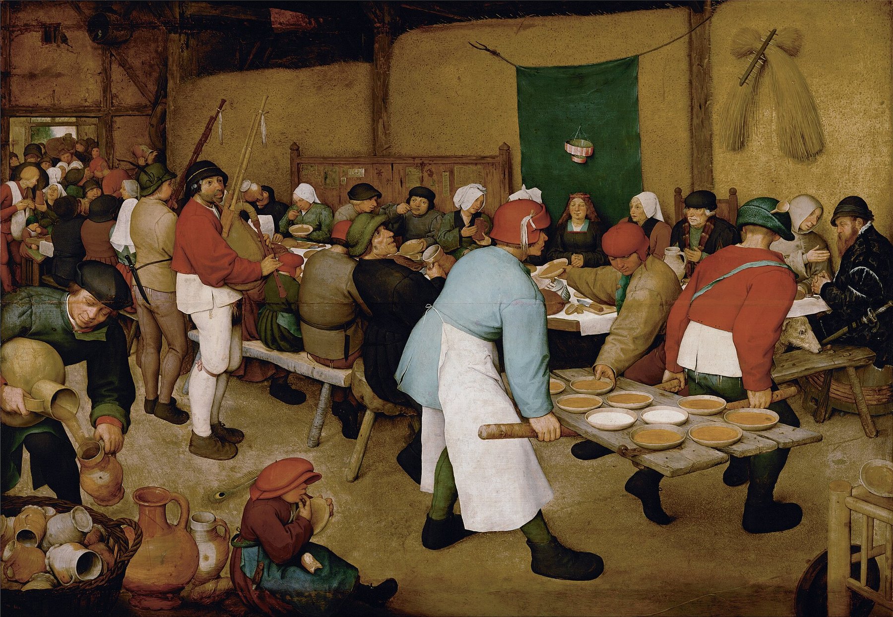 Hand-painted oil reproduction of The Peasant Wedding, the 1567 Pieter Bruegel the Elder banquet teeming with guests, bagpiper and bride