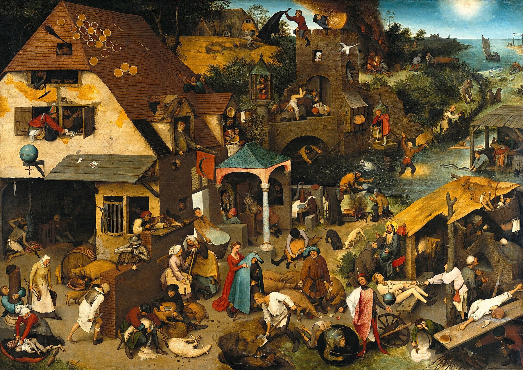 Hand-painted oil reproduction of Netherlandish Proverbs, the 1559 Pieter Bruegel the Elder village scene illustrating over a hundred sayings
