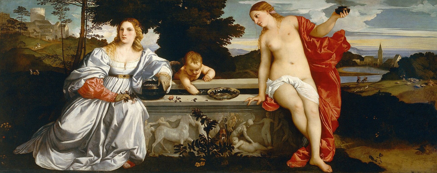 Hand-painted oil reproduction of Sacred and Profane Love, the 1514 Titian two women on a Roman sarcophagus fountain
