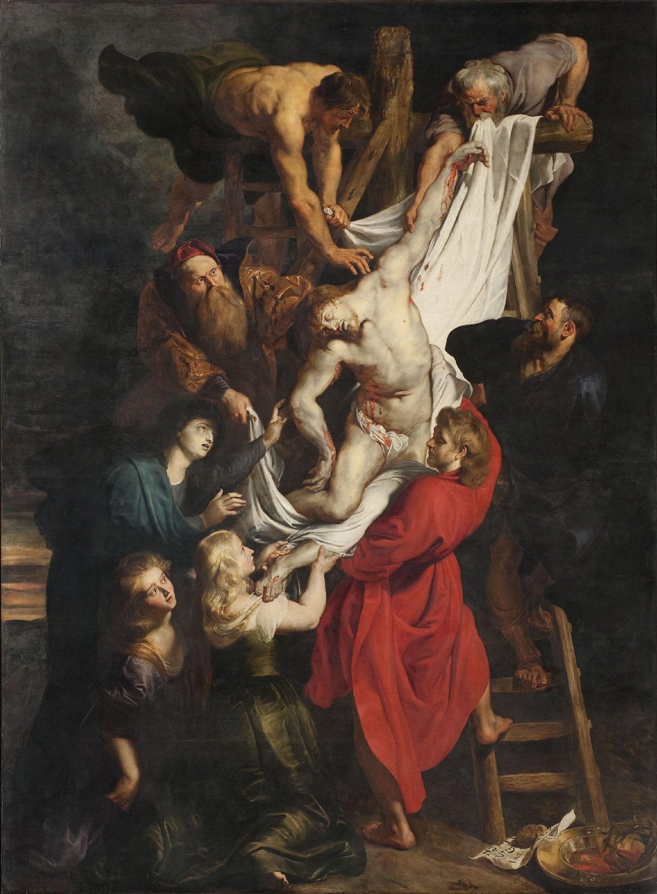 Hand-painted oil reproduction of The Descent from the Cross, the 1614 Peter Paul Rubens Antwerp triptych centrepiece of the body lowered by light