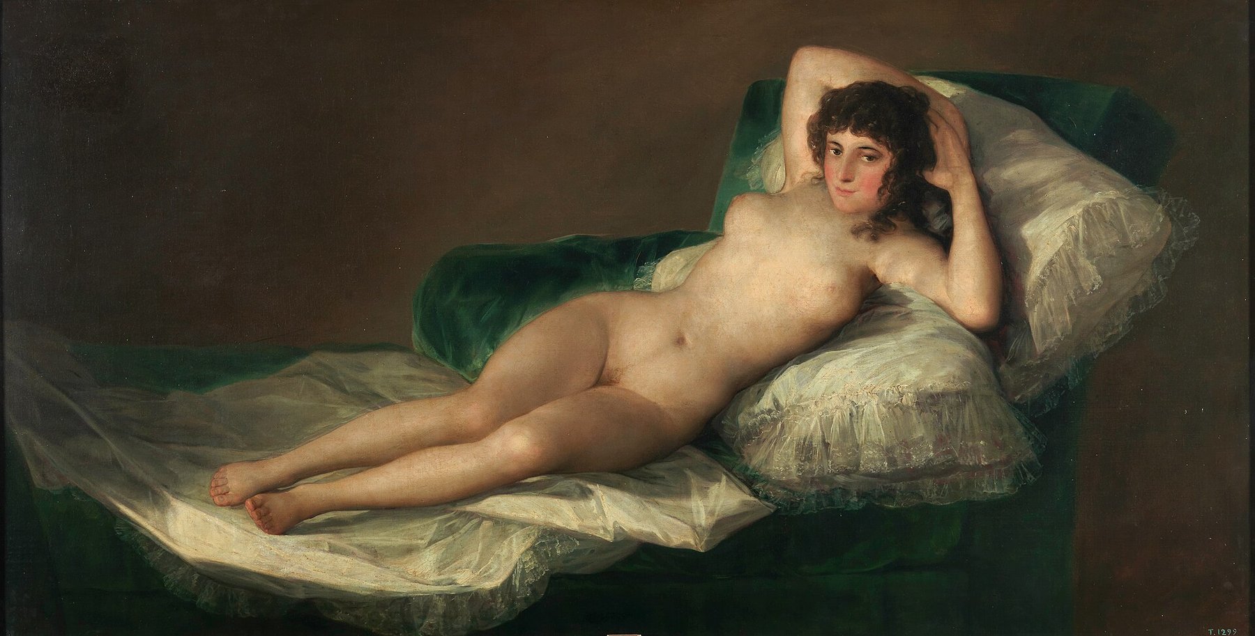 Hand-painted oil reproduction of La Maja Desnuda, the 1797 Francisco Goya defiant nude that scandalised Madrid