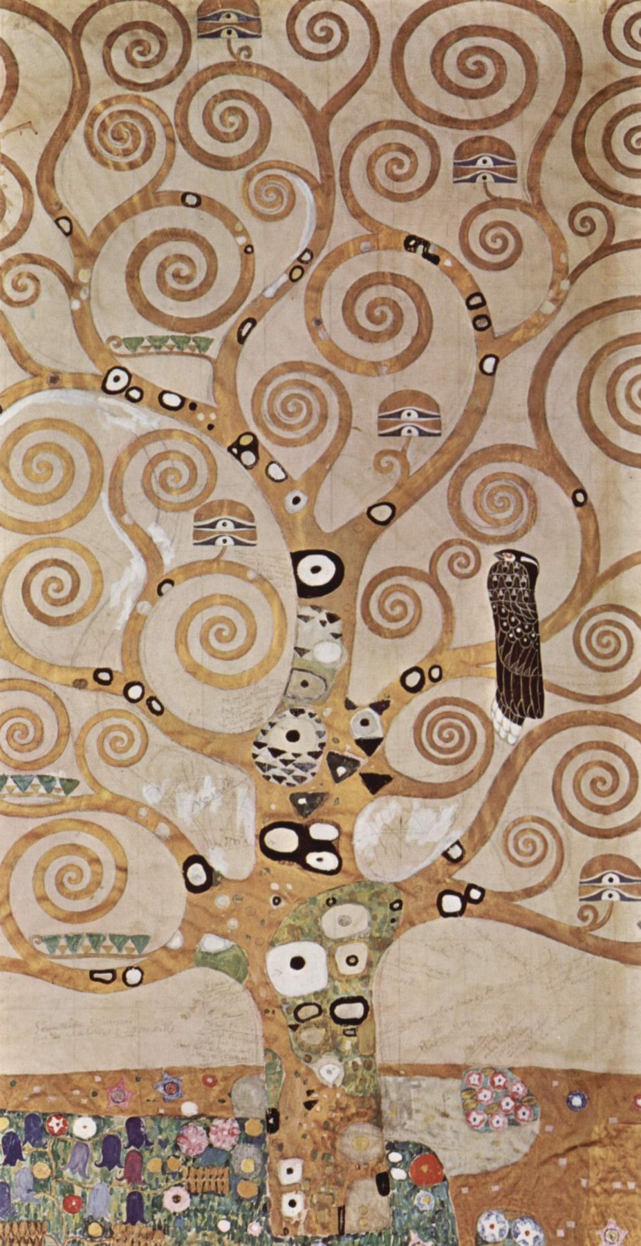Hand-painted oil reproduction of The Tree of Life from the Stoclet Frieze, Gustav Klimt golden spiral branches spreading across a mosaic gold ground