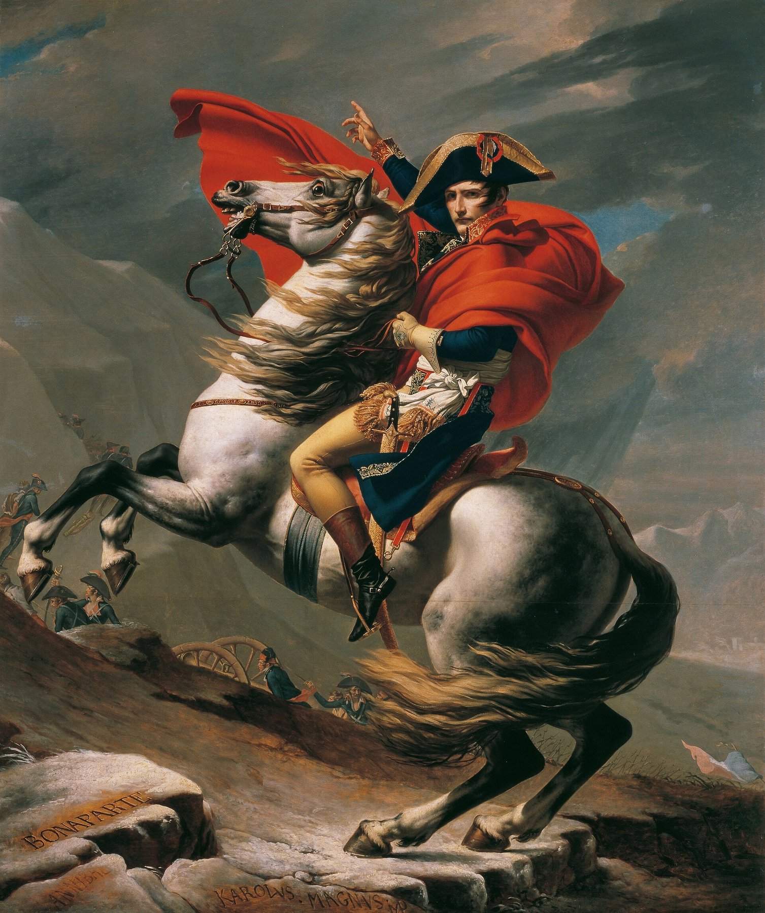 Hand-painted oil reproduction of Napoleon Crossing the Alps, the 1801 Jacques-Louis David equestrian propaganda on the rearing white horse