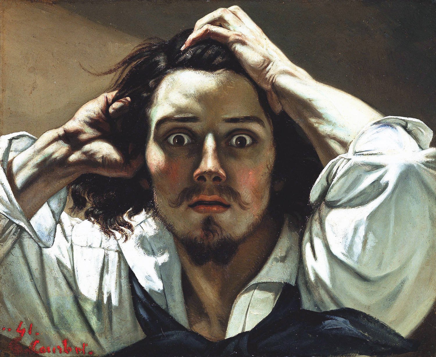 Hand-painted oil reproduction of The Desperate Man, the 1845 Gustave Courbet wild-eyed self-portrait