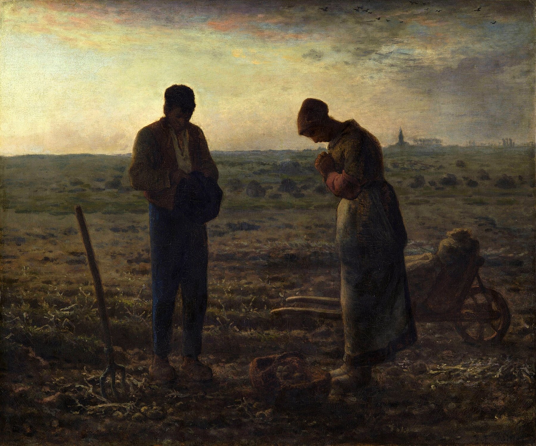 Hand-painted oil reproduction of The Angelus, the 1859 Jean-François Millet peasant couple bowing heads over the potato field at dusk