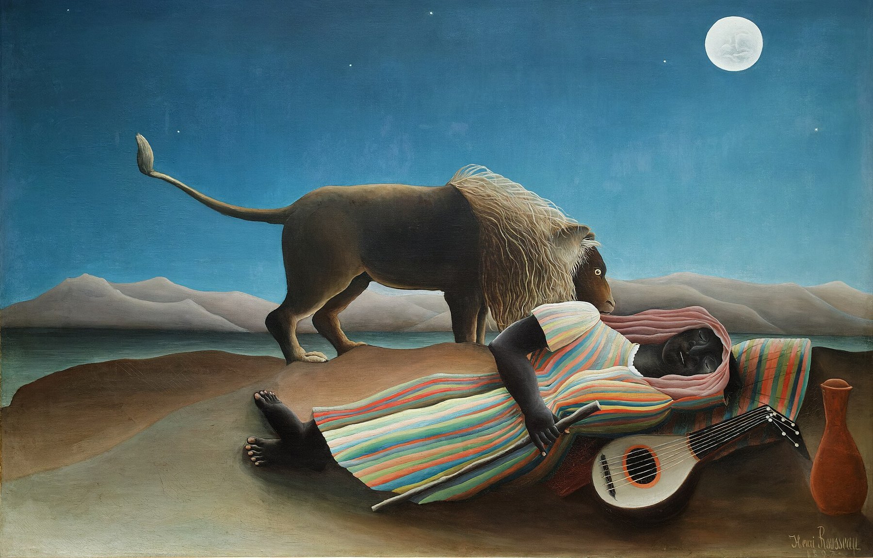 Hand-painted oil reproduction of The Sleeping Gypsy, the 1897 Henri Rousseau lion and mandolin player under a desert moon