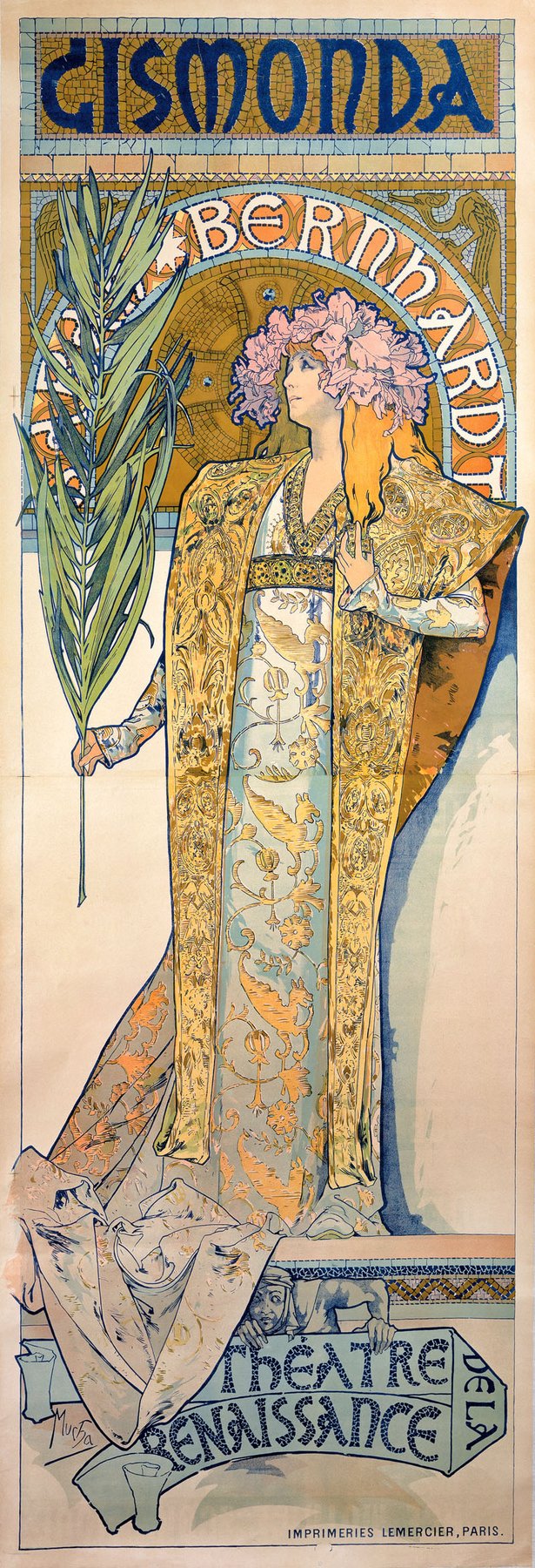 Hand-painted oil reproduction of Gismonda, the 1894 Alphonse Mucha poster of Sarah Bernhardt that invented Art Nouveau overnight