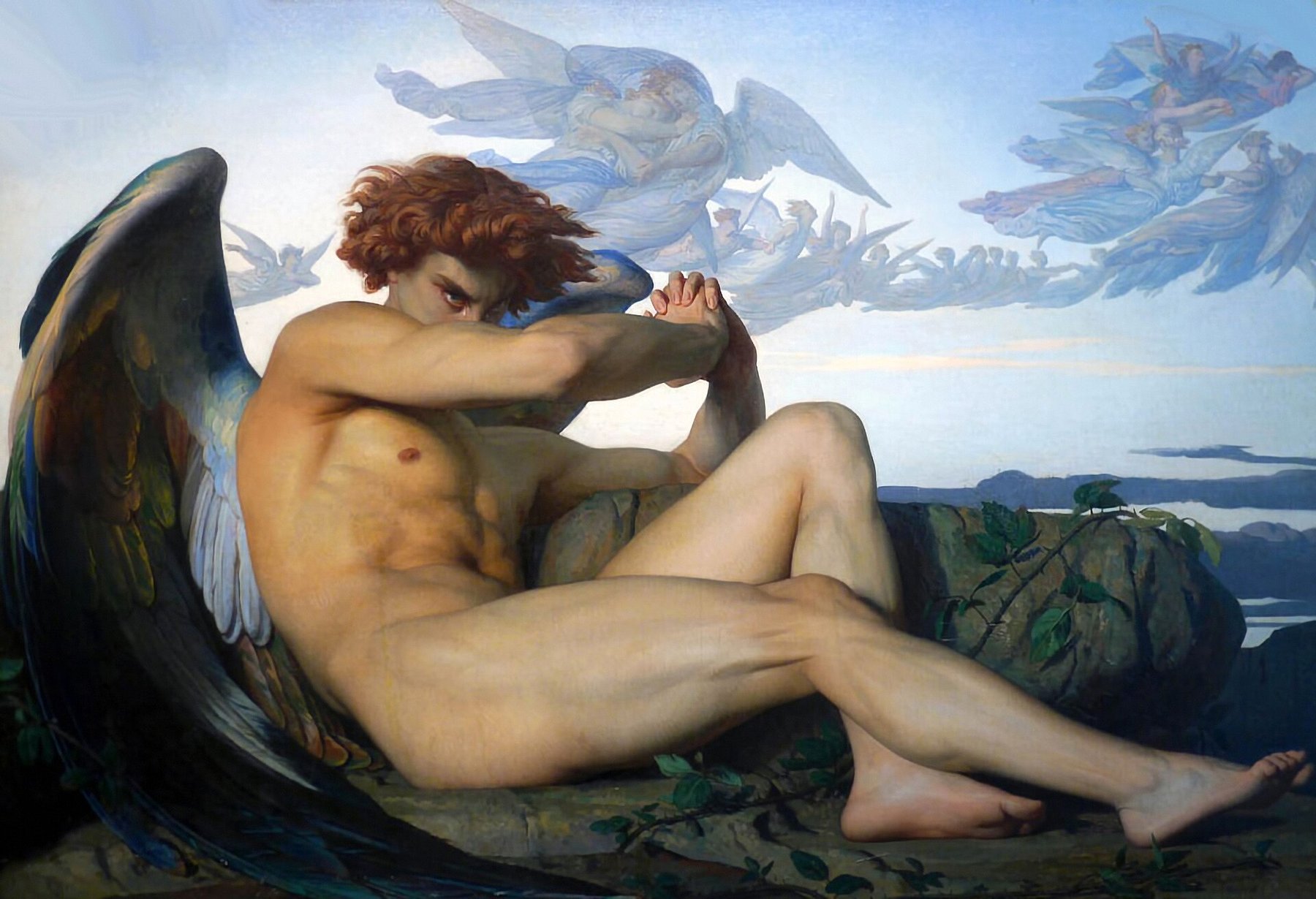 Hand-painted oil reproduction of Fallen Angel, Alexandre Cabanel 1847 Academic masterpiece of a weeping expelled angel with spread wings
