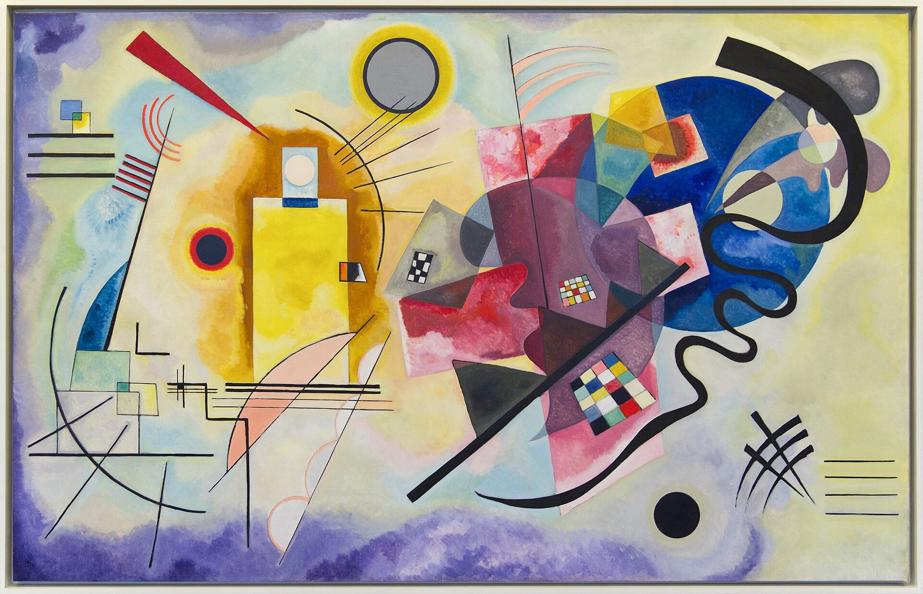 Hand-painted oil reproduction of Yellow Red Blue, Wassily Kandinsky 1925 Bauhaus abstract balancing geometric color fields and crossing lines