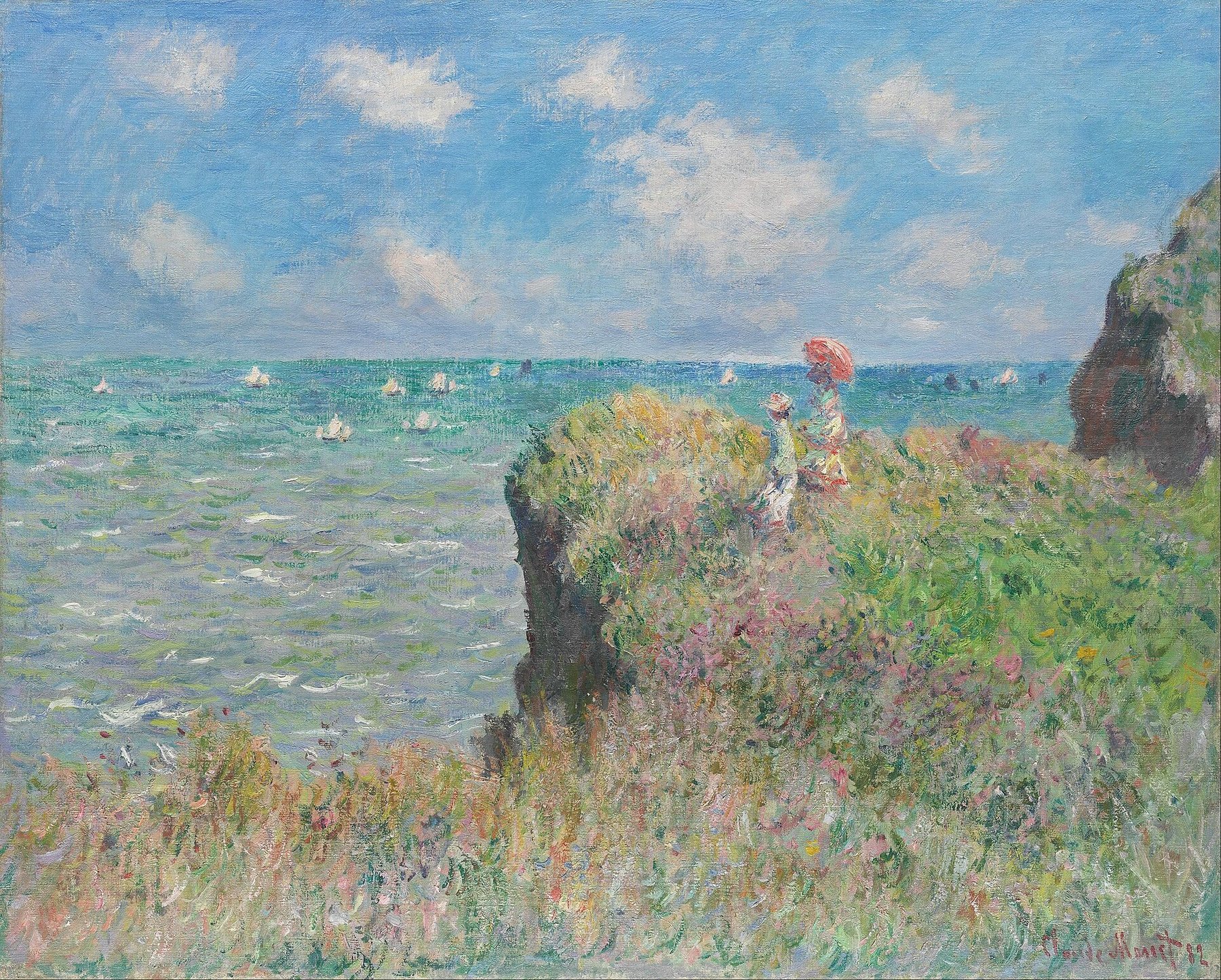 Hand-painted oil reproduction of Clifftop Walk at Pourville, Claude Monet 1882 two figures on grassy cliffs above the glittering English Channel
