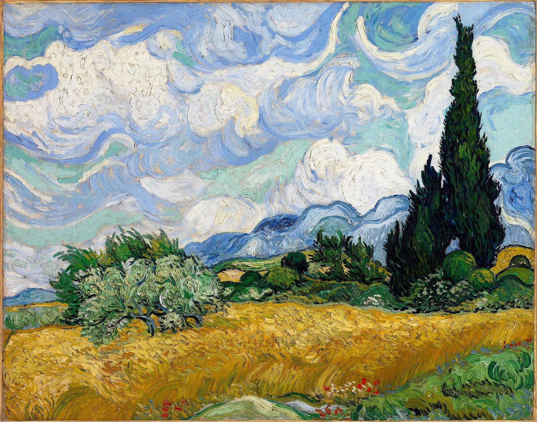 Hand-painted oil reproduction of Wheat Field with Cypresses, Vincent van Gogh 1889 golden wheat under churning summer clouds with dark green cypresses