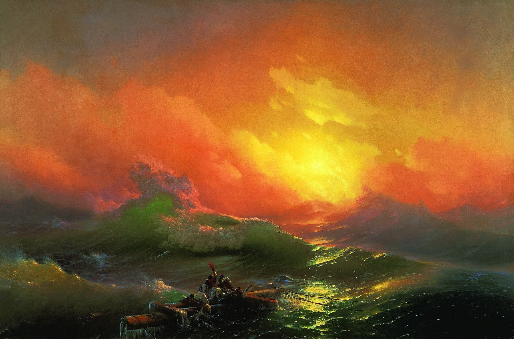Hand-painted oil reproduction of The Ninth Wave, Ivan Aivazovsky 1850 Romantic seascape of shipwrecked sailors clinging to a mast in a glowing sea