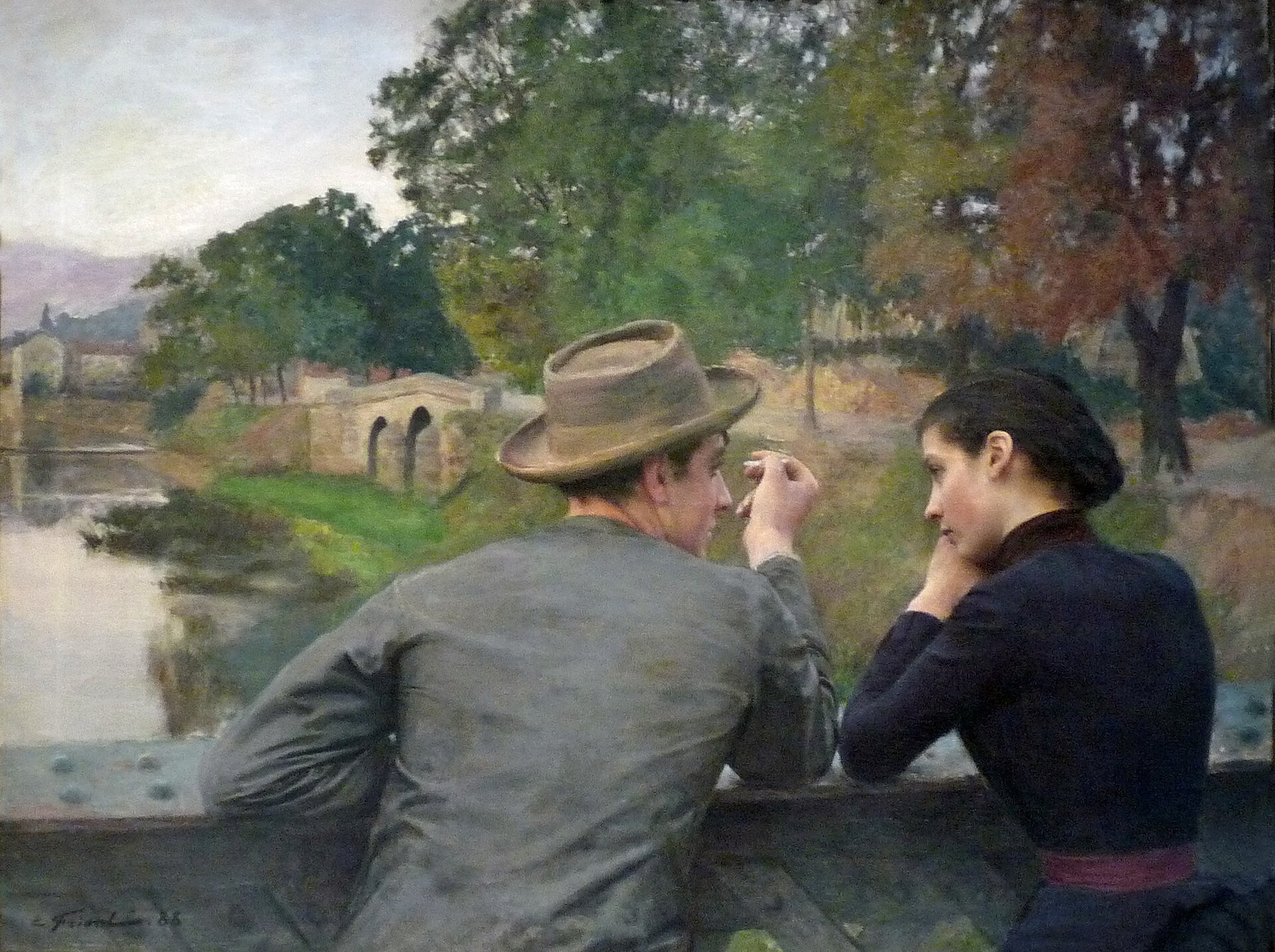 Hand-painted oil reproduction of Promenade (Lovers) by Émile Friant, 1888 tender scene of a young couple drifting along a sunlit river path