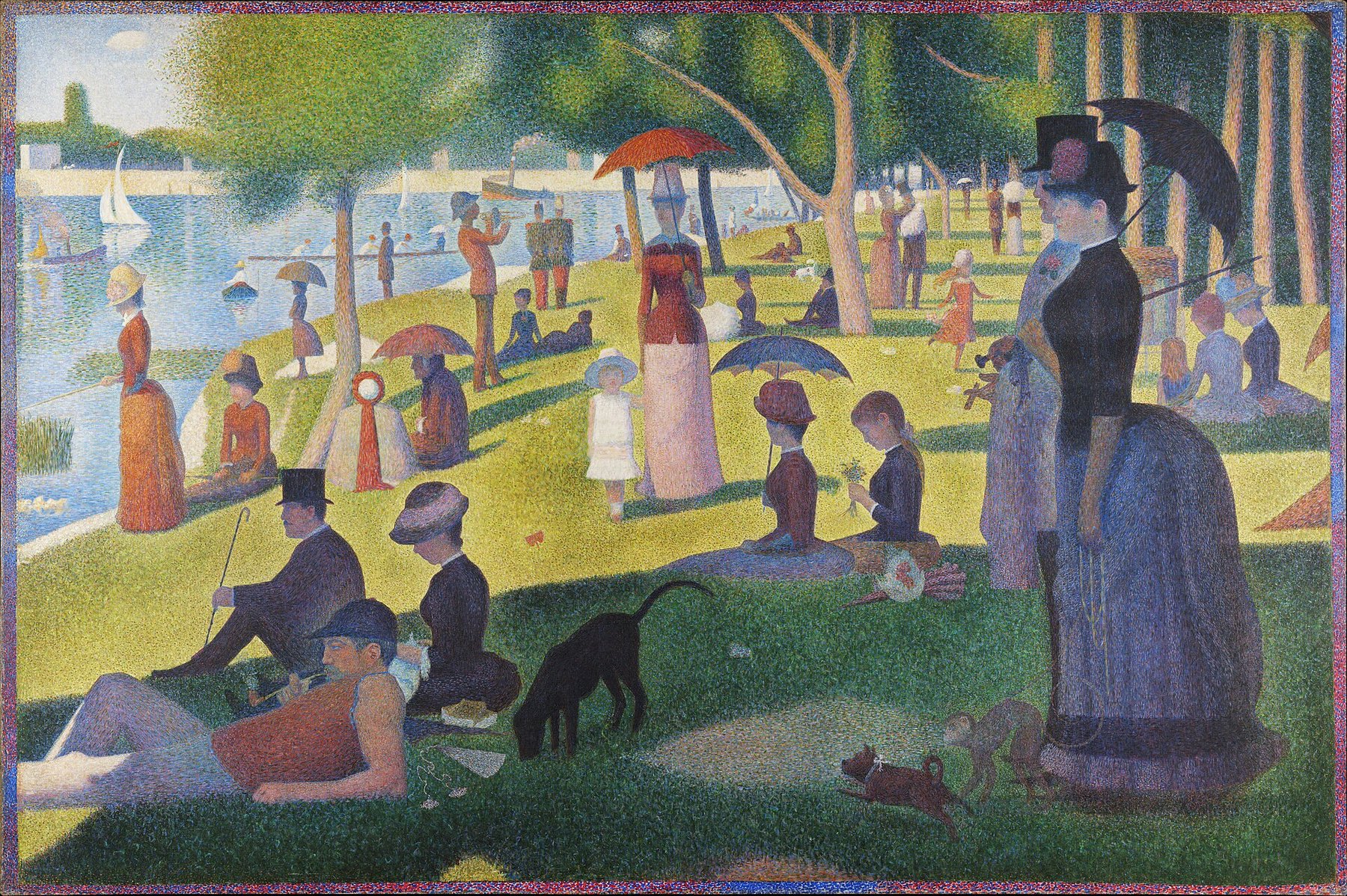 Hand-painted oil reproduction of A Sunday on La Grande Jatte, Georges Seurat pointillist park scene of Parisians by the Seine