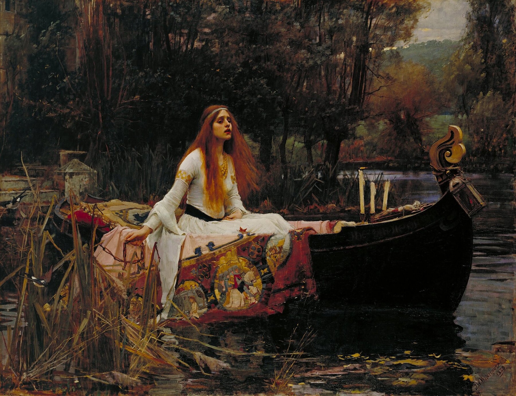 Hand-painted oil reproduction of The Lady of Shalott, John William Waterhouse 1888 Pre-Raphaelite heroine adrift in a boat amid autumn tapestry