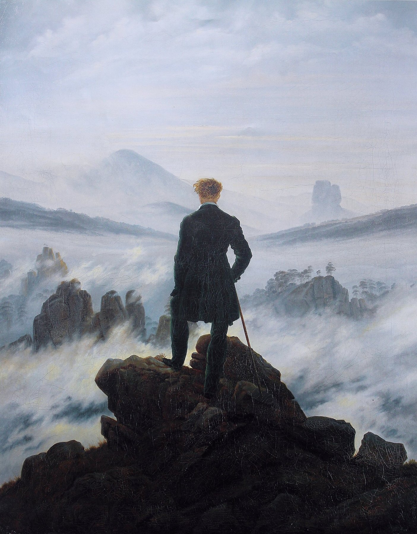 Hand-painted oil reproduction of Wanderer above the Sea of Fog, Caspar David Friedrich Romantic icon of a lone figure on rocks above a misty mountain sea