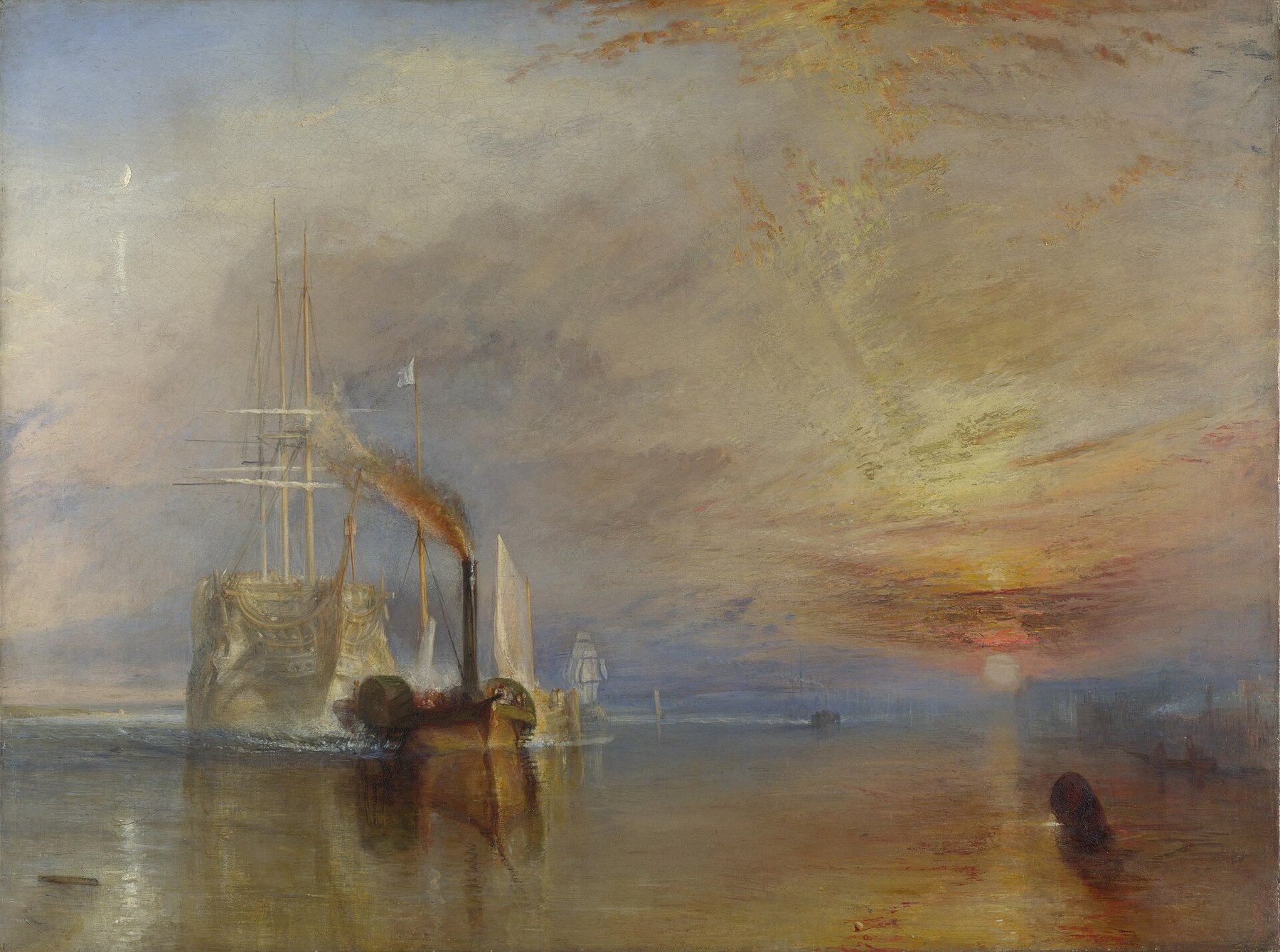 Hand-painted oil reproduction of The Fighting Temeraire, J. M. W. Turner 1839 sunset elegy of a warship towed to her last berth to be broken up