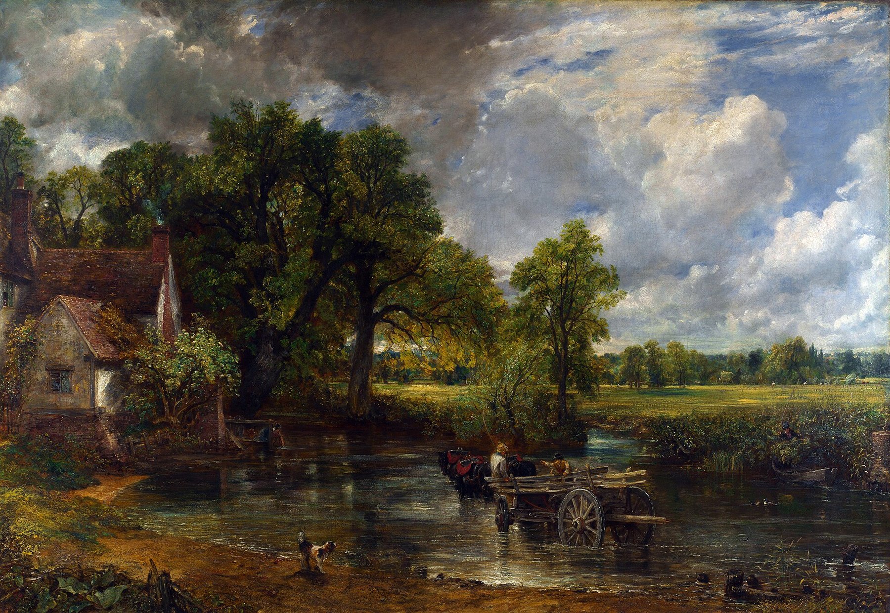 Hand-painted oil reproduction of The Hay Wain, John Constable 1821 idyllic Suffolk river scene with a hay cart at Flatford Mill