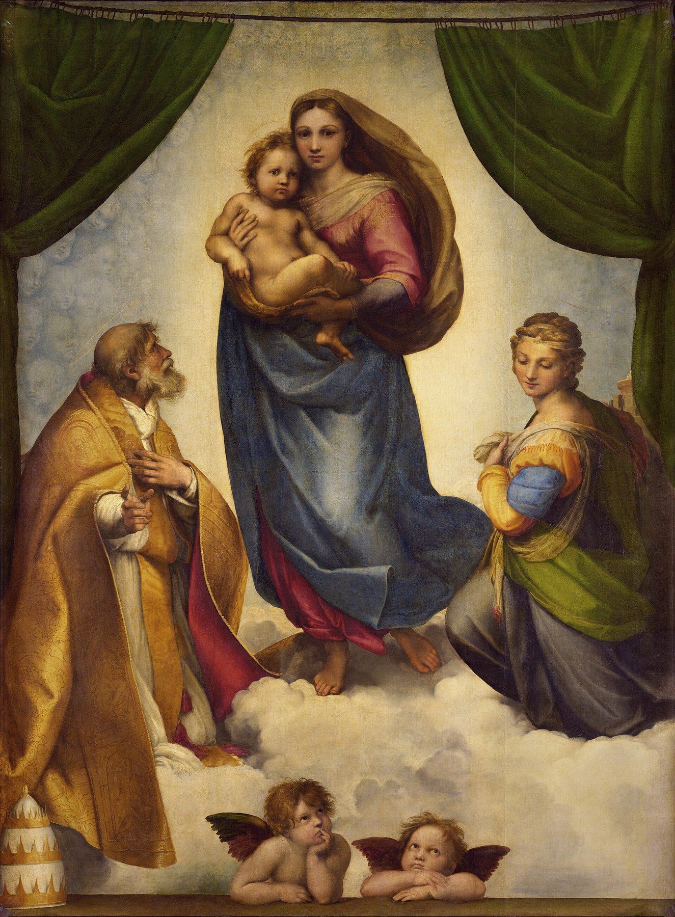 Hand-painted oil reproduction of The Sistine Madonna, Raphael High Renaissance vision of the Virgin parting the clouds flanked by saints and cherubs