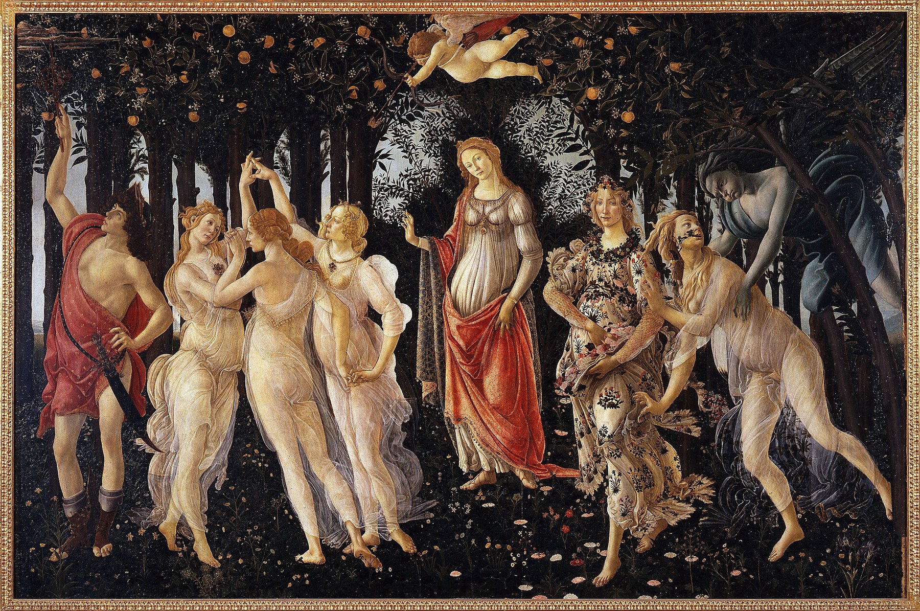 Hand-painted oil reproduction of Primavera, Sandro Botticelli allegory of spring in an orange grove with Venus, the Three Graces and Mercury