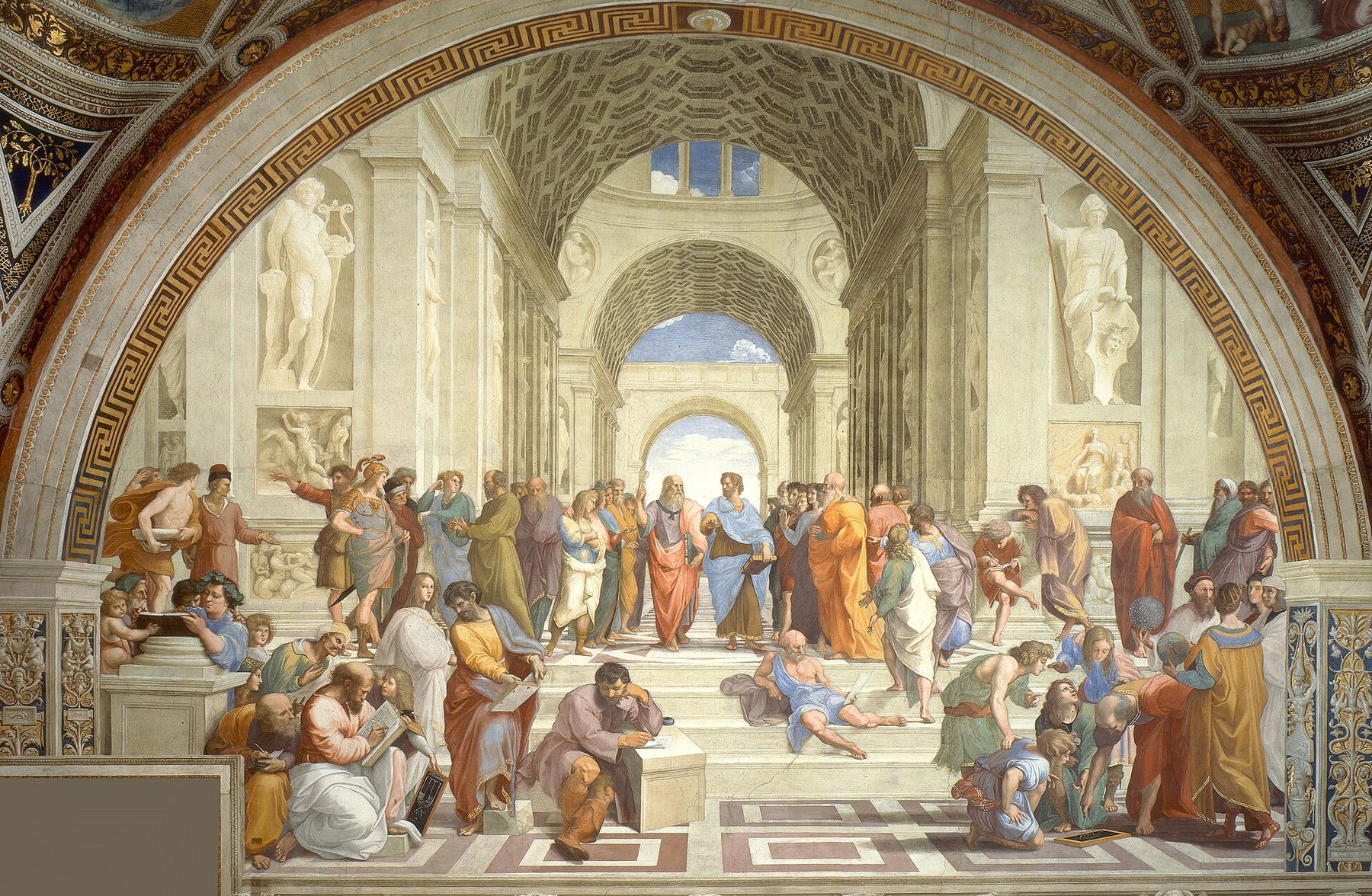 Hand-painted oil reproduction of The School of Athens, Raphael fresco of ancient philosophers gathered beneath grand vaulted architecture