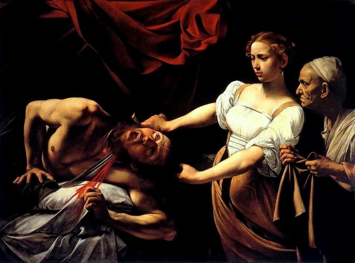 Hand-painted oil reproduction of Judith Beheading Holofernes, Caravaggio dramatic chiaroscuro scene of resolve and horror