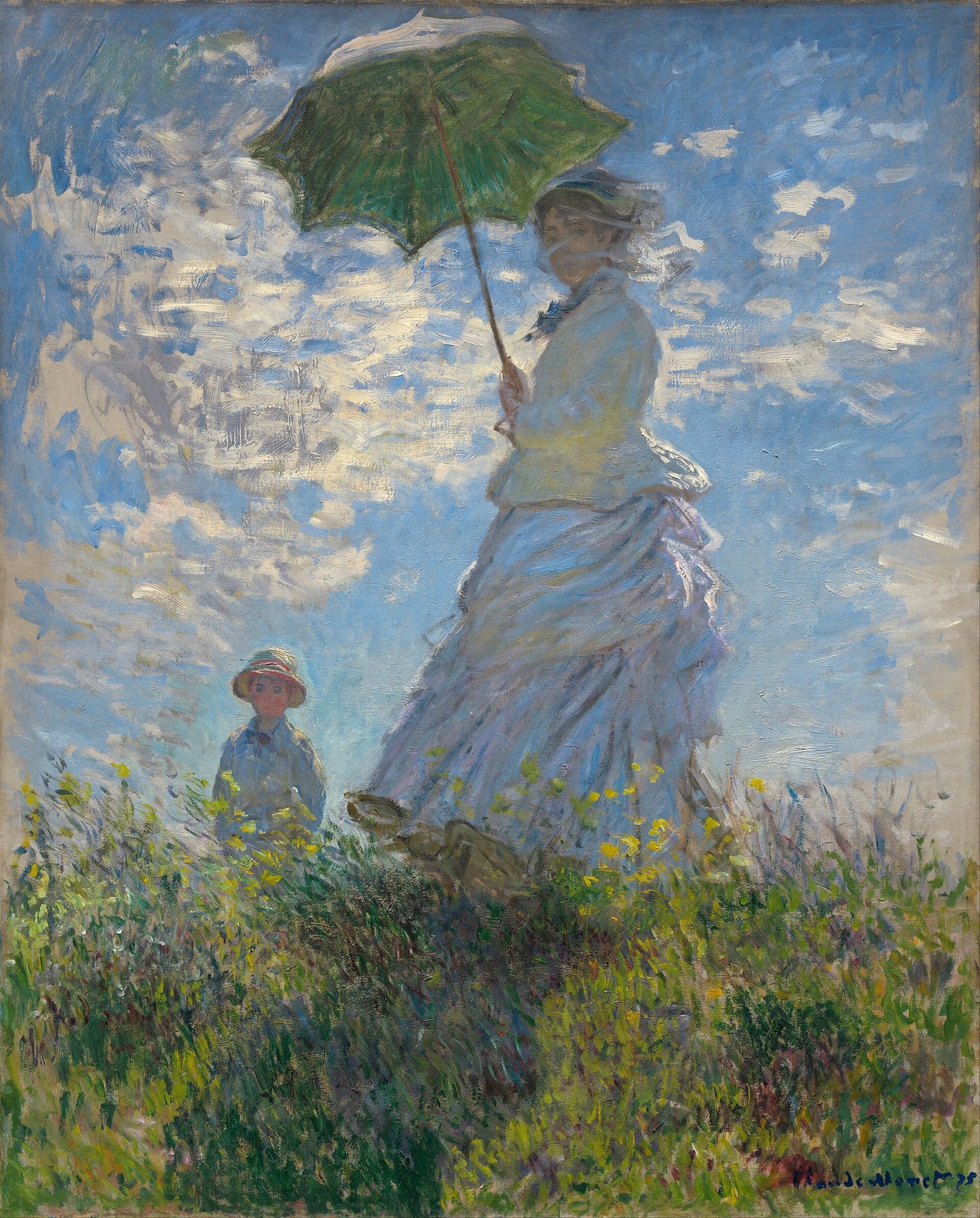 Hand-painted oil reproduction of Woman with a Parasol, Claude Monet 1875 Madame Monet and her son on a windswept hill in summer clouds