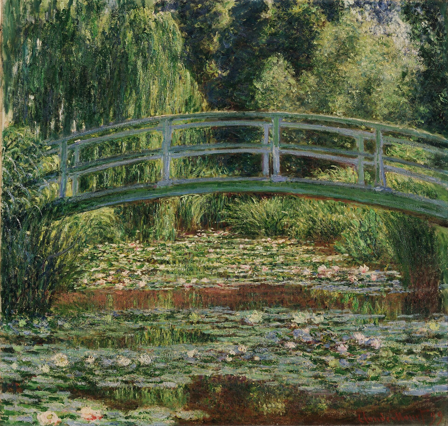 Hand-painted oil reproduction of The Japanese Footbridge, Claude Monet green bridge arching over the water lily pond at Giverny
