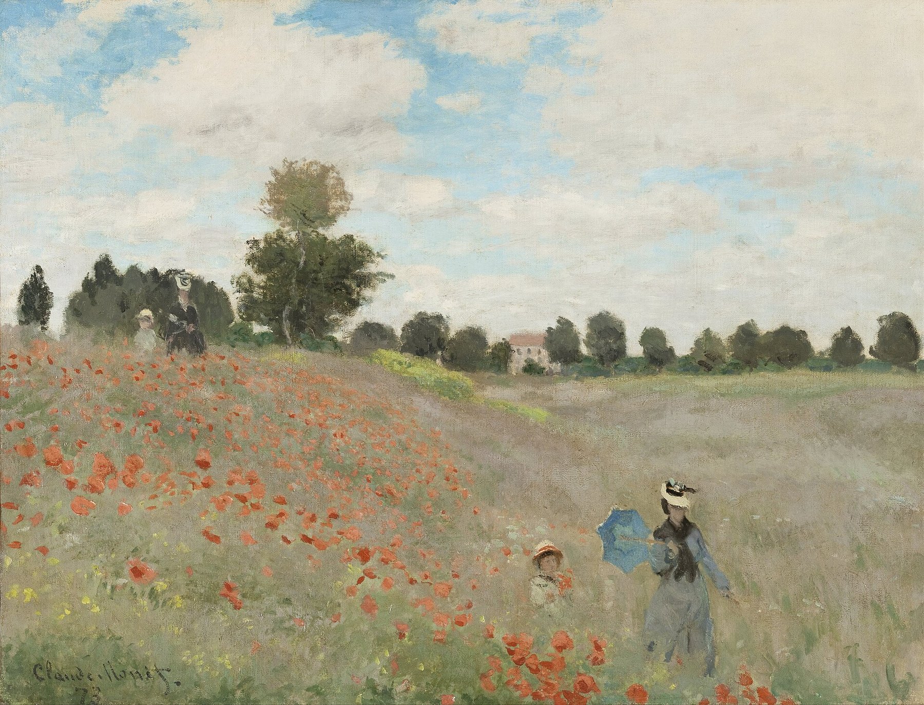 Hand-painted oil reproduction of Poppy Field, Claude Monet 1873 Argenteuil hillside dotted with scarlet poppies and two figures