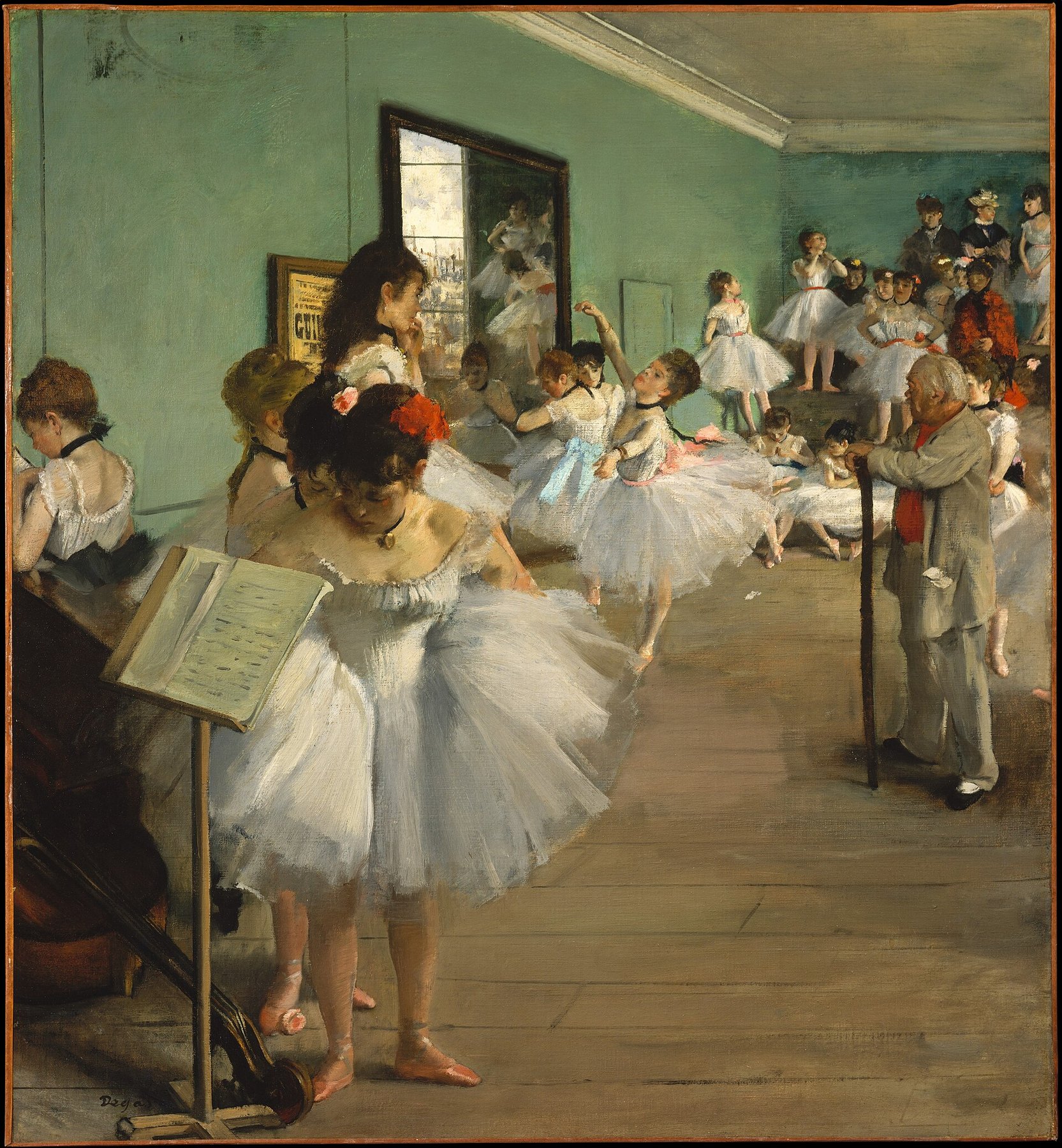 Hand-painted oil reproduction of The Dance Class, Edgar Degas 1874 ballet rehearsal scene with dancers resting around the old ballet master